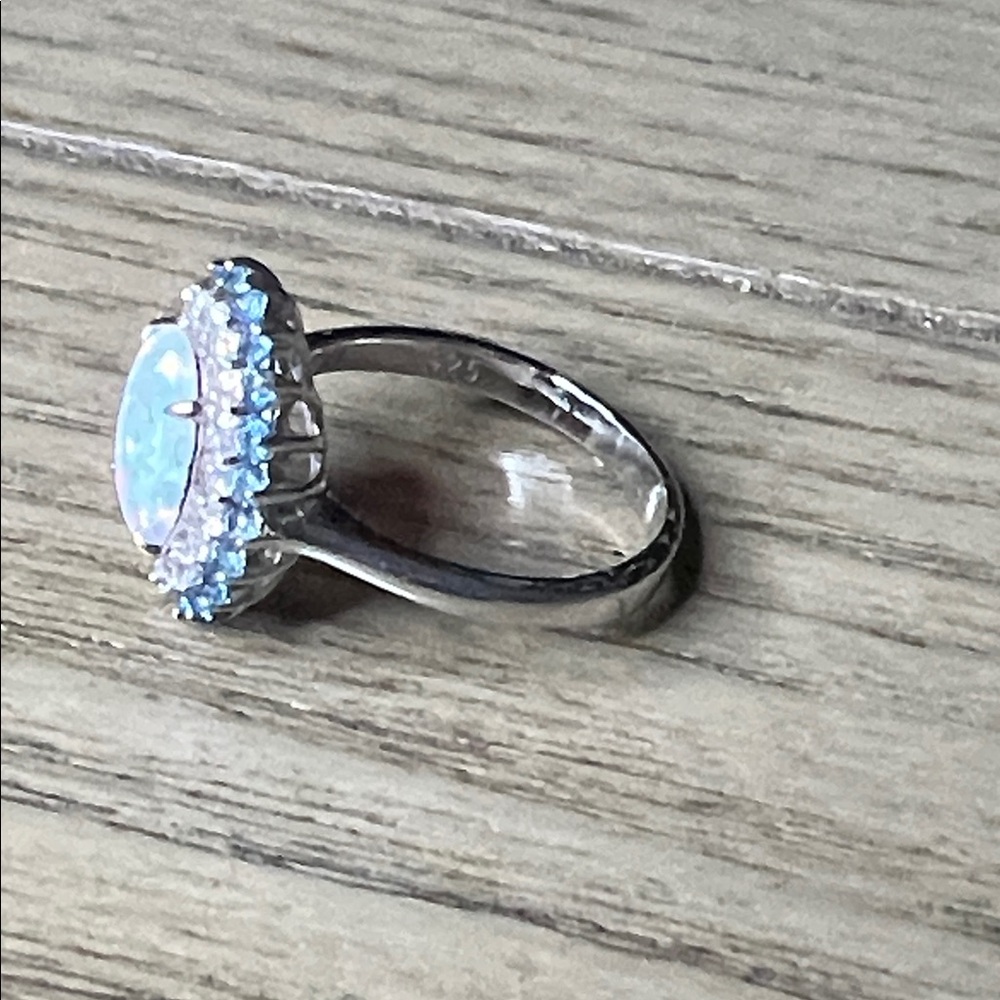 Lab Opal, CZ, and Tanzanite Gemstone Sterling Silver Ring - Picture 2 of 5